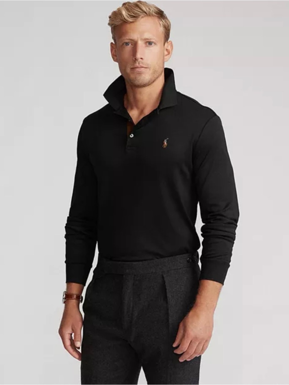 Polo Ralph Lauren Mens XL Black Long Sleeve Polo Shirt Classic Fit Cotton Preppy